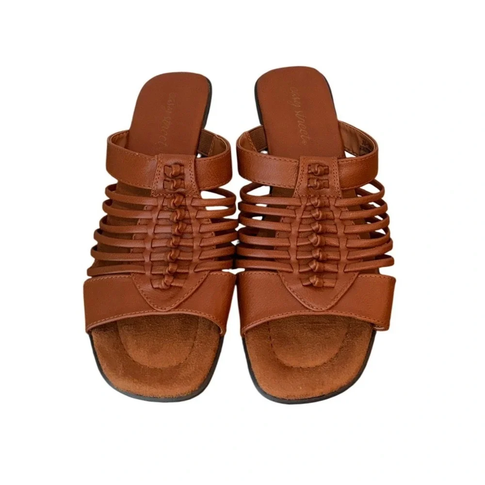 Easy Street Tan Brown Strappy Cage Slide Wedge Sandals Women's - 7WW